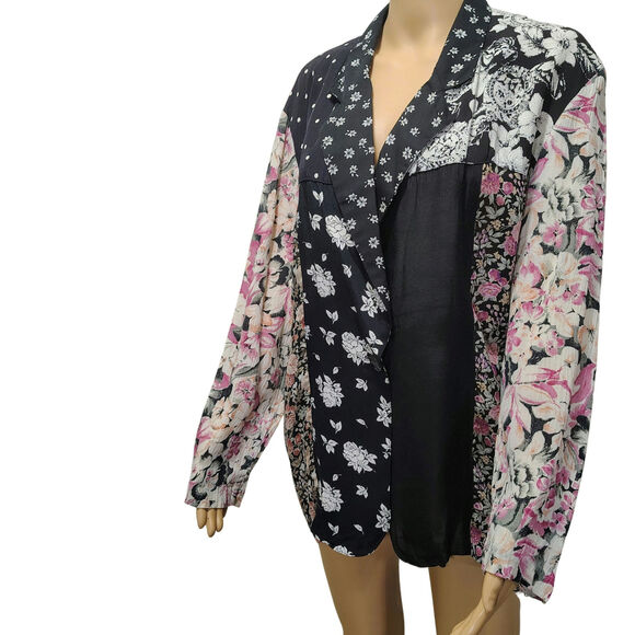 90s Patchwork Floral Striped Light Weight Box Cut Blazer Fold Down Collar Sz Sm - Picture 1 of 7